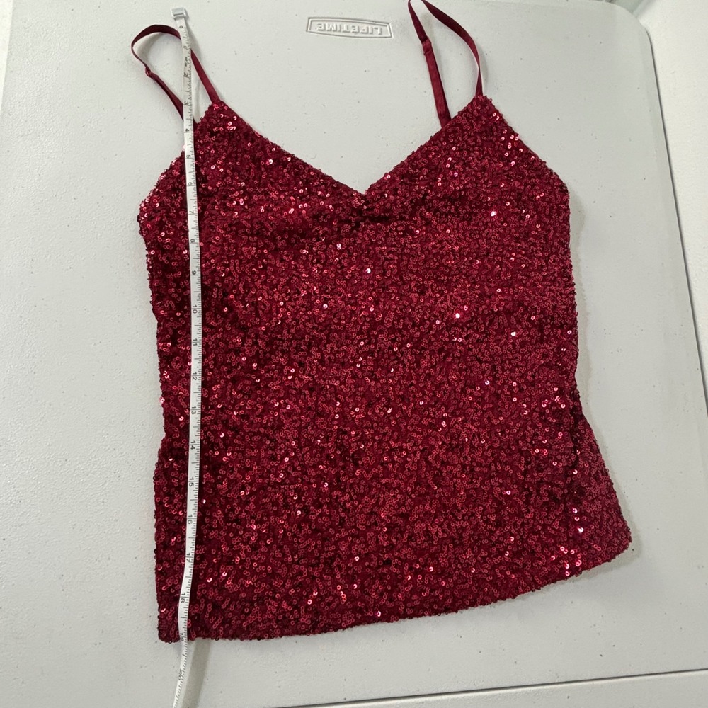 Y2K The Limited Burgundy Sequin Babydoll Camisole Party Nylon Mesh Top Women M - Picture 9 of 11